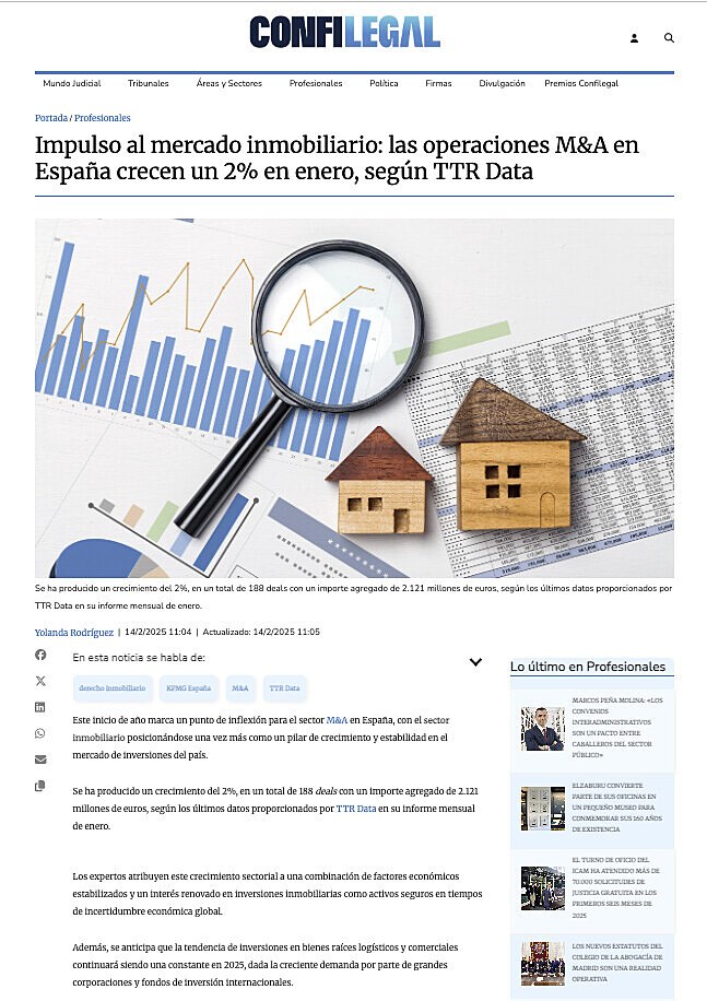 Impulso al mercado inmobiliario: las operaciones M&A en Espaa crecen un 2% en enero, segn TTR Data